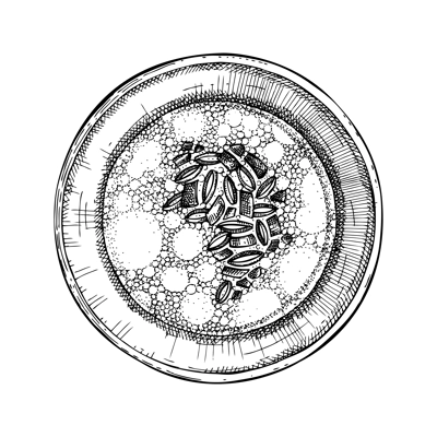 Marrow bone broth in plate top view sketch. Cooked soup isolated on white background. Hand drawn healthy food illustration for cafe, restaurant, recipes, menu in vintage style. 